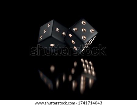 Poker dice. View of golden white dice. Casino gold dice on black background. Online casino dice gambling concept isolated on black.