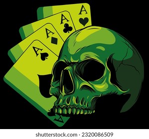 Poker face-Skull and four aces on black background vector illustration