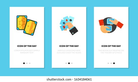 Poker flat icon set. Cards, hand, play isolated sign pack. Gambling, casino, game concept. Vector illustration symbol elements for web design