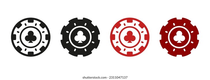 Poker, Gamble Betting Sign. Lucky Game Suit in Casino Roulette Pictogram Collection. Poker Chip Silhouette Icons Set. Fortune Games, Gambling, Money Bets. Isolated Vector Illustration.
