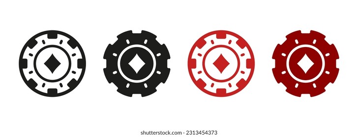 Poker, Gamble Betting Sign. Lucky Game Suit in Casino Roulette Pictogram Collection. Poker Chip, Diamonds Silhouette Icons Set. Fortune Games, Gambling, Money Bets. Isolated Vector Illustration.