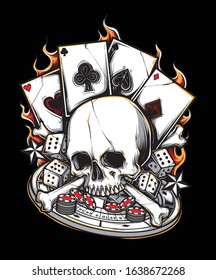 Poker Gambler Bone Skull Illustration Tshirt