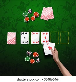 Poker gambling chips and cards. casino elements on green background 