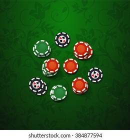 Poker gambling chips. casino elements on green background