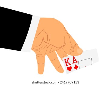 Poker gambling game, strong hand cards ace and king vector illustration isolated on white background. Casino player man high stack game with winner combination. Lucky boy peek and call win the pot. 