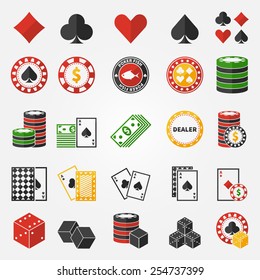 Poker or gambling icons set - vector casino symbols in flat style