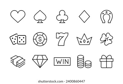 Poker Gambling Roulette, Dice, Casino line icons set, editable stroke isolated on white, linear vector outline illustration, symbol logo design style