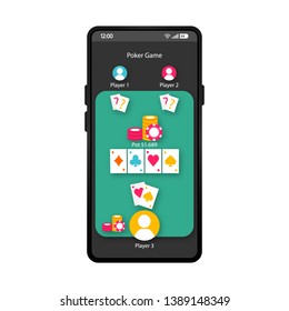 Poker game app smartphone interface vector template. Mobile casino app page black design layout. Gambler bet screen. Flat UI for entertainment, gambling application. Gambler bet phone display