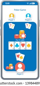 Plantilla vectorial de la interfaz de smartphone de la aplicación de póquer. Diseño blanco de la página de la aplicación del casino móvil. Pantalla de apuesta del jugador. Interfaz de usuario plana para aplicaciones de entretenimiento y juego. Pantalla del teléfono de apuestas
