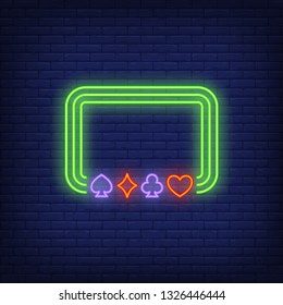Poker game application frame neon sign. Gambling and poker club design. Night bright neon sign, colorful billboard, light banner. Vector illustration in neon style.