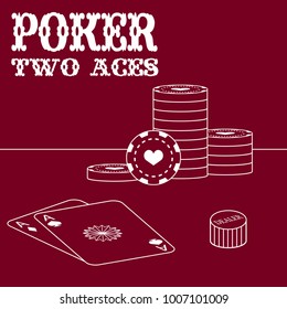 Poker game background with poker chips, two aces cards and dealer chip. 