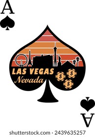 Poker game card with the Spade Symbol and inside a panoramic illustration of the city of Las Vegas Nevada.