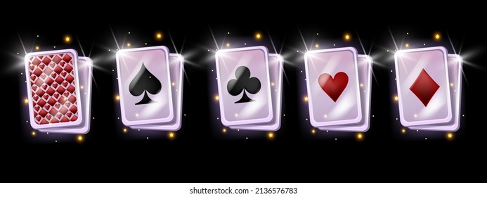 Juego de iconos de casino de juegos de poker, juego de cartas blackjack, clubes, diamantes, signo de diamantes rojos, diseño de palos. Chispas brillantes, elementos gráficos de juego de la interfaz de usuario, clipart de dibujos animados aislados. Colección de tarjetas de juego