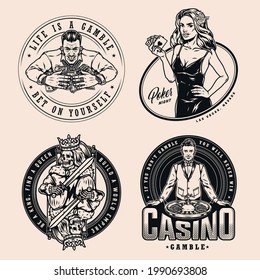 Poker game and casino vintage prints with croupier roulette wheel beautiful woman holding royal flush of hearts rich gambler with money skeleton king for playing cards isolated vector illustration