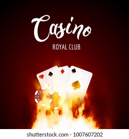 Poker game design template poster. Flame poker casino design with cards and chips.