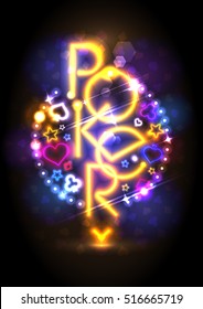 Poker game neon lights signboard design, poster for casino or club, web banner concept