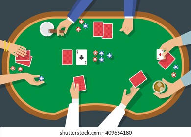 Poker game top view with female and male hands deck of cards chips cigar alcohol vector illustration