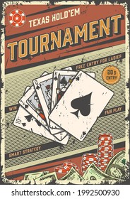 Poker game vintage colorful poster with dollar bills casino chips and playing cards with royal flush of spades poker hand vector illustration