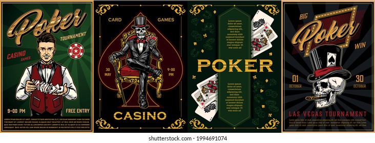 Poker game vintage colorful posters with smiling croupier shuffles playing cards skull smoking cigar in top hat skeleton gambler in tuxedo holding cards and sitting on chair vector illustration