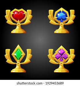 Poker gold awards with card suits to play. Vector set of casino awards icons with gems.