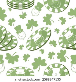 poker green pattern with a variety of chips featuring bearded leprechaun faces, shamrocks and leprechaun faces for a variety of holiday designs