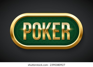 Poker green table background vector illustration. Realistic playing field with gold lettering poker for game blackjack on black background. Casino concept.