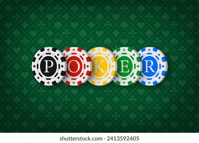 Poker green table background vector illustration. Realistic playing field with colored chips for blackjack game. Casino concept.