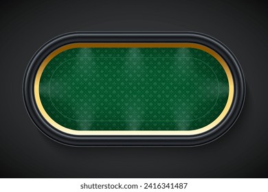 Poker green table background vector illustration. Realistic playing field with gold frame for game blackjack on black background. Casino concept.