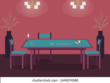 Poker Green Table Flat Color Vector Illustration. Desk With Deck Of Cards To Play Blackjack. Empty Seats For Three Gamblers. Casino Room 2D Cartoon Interior With Red Wall On Background