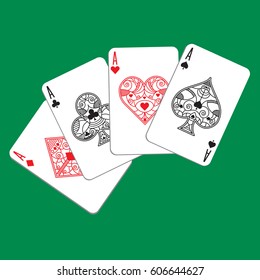 A poker hand containing four aces on a green background in vector format. These ornate playing cards feature a fancy heart, spade, club and diamond in the middle.