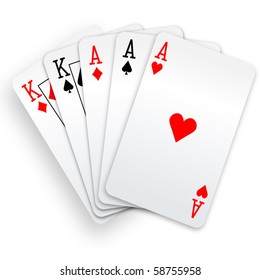 A Poker Hand Full House three Aces and pair of Kings playing cards.