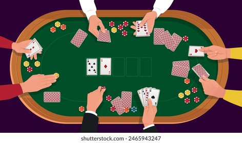 Poker hands. People play at gambling table in casino. Desk top view. Human arms hold and lay out playing cards. Dark room. Players and croupier fingers. Lucky gambles