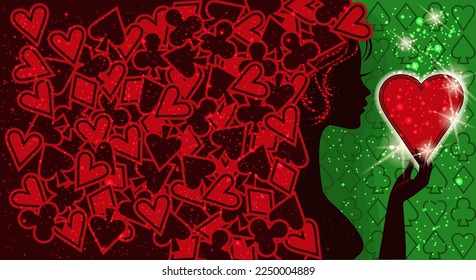 Poker hearts  young girl, greeting card, vector illustration	