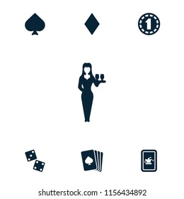 Poker icon. collection of 7 poker filled icons such as playing card, spades, diamonds, casino girl, dice. editable poker icons for web and mobile.