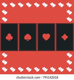 Poker icon flat. Simple black pictogram on red background with white hearts for valentines day. Vector illustration symbol
