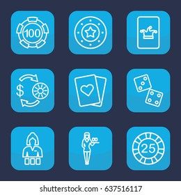Poker icon. set of 9 outline poker icons such as casino girl, casino chip and money, poker on phone, playing card