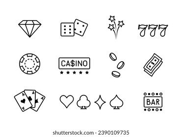 Poker icon set. Casino line icon set. Poker cards, dice and chips, slot machine symbols and money. Gambling icons set, casino and card, poker game. Vector illustration in linear style