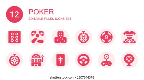 poker icon set. Collection of 12 filled poker icons included Dice, Pinball, Dices, Roulette, Casino, Slot machine, Racing game, Joker