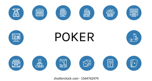 poker icon set. Collection of Joker, Slot machine, Jackpot, Online gambling, Casino, Croupier, Pinball, Dice, Card game, Poker, Online casino icons