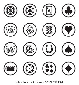 Poker Icons. Black Flat Design In Circle. Vector Illustration.