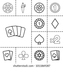 Poker icons. set of 13 editable outline poker icons such as pllaying card, spades, diamonds, 1 casino chip, casino chip, playing card