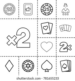 Poker icons. set of 13 editable outline poker icons such as pllaying card, spades, diamonds, 25 casino chip, casino bet, playing card, hearts