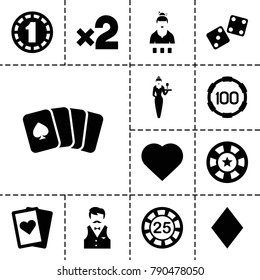 Poker icons. set of 13 editable filled poker icons such as hearts, 25 casino chip, playing card, pllaying card, diamonds, casino girl