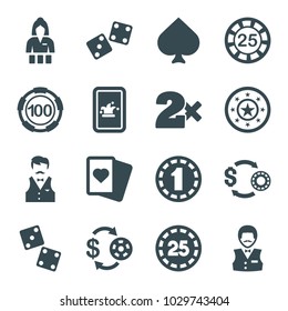 Poker icons. set of 16 editable filled poker icons such as spades, casino girl, casino chip and money, dice