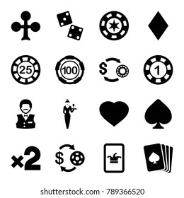 Poker icons. set of 16 editable filled poker icons such as pllaying card, clubs, diamonds, casino chip and money, 1 casino chip, poker on phone, dice, spades