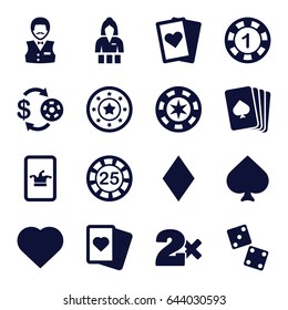 Poker icons set. set of 16 poker filled icons such as pllaying card, spades, hearts, diamonds, casino girl, casino chip and money, poker on phone, playing card