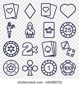 Poker icons set. set of 16 poker outline icons such as pllaying card, clubs, hearts, diamonds, casino girl, 1 casino chip, poker on phone, spades, playing card
