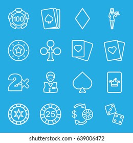 Poker icons set. set of 16 poker outline icons such as pllaying card, spades, clubs, diamonds, casino chip and money, 25 casino chip, poker on phone, playing card