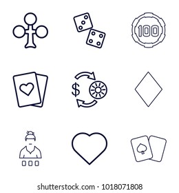 Poker icons. set of 9 editable outline poker icons such as clubs, hearts, casino chip and money, playing card, dice, diamonds, casino girl