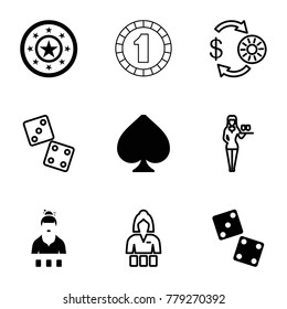 Poker icons. set of 9 editable filled and outline poker icons such as dice, casino girl, casino chip and money